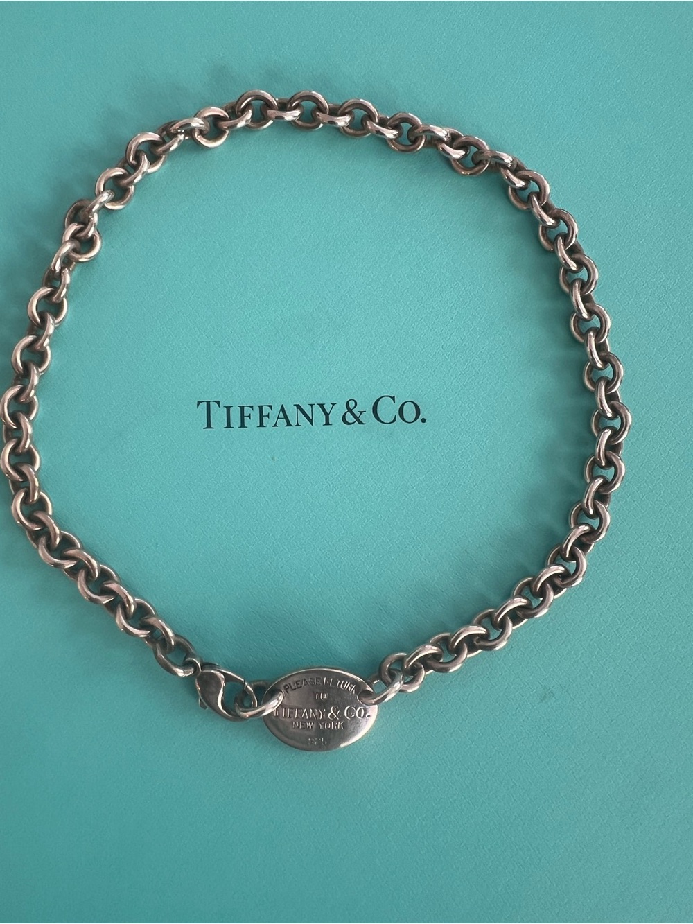Tiffany & Co. Polished Silver Round Link Necklace with Oval Tag